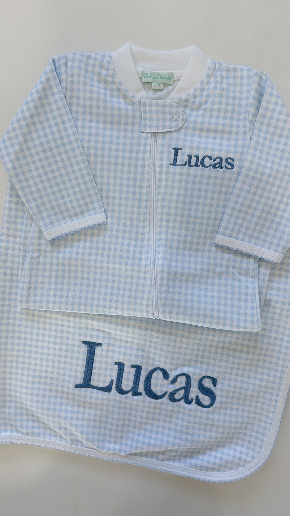Blue gingham onesie