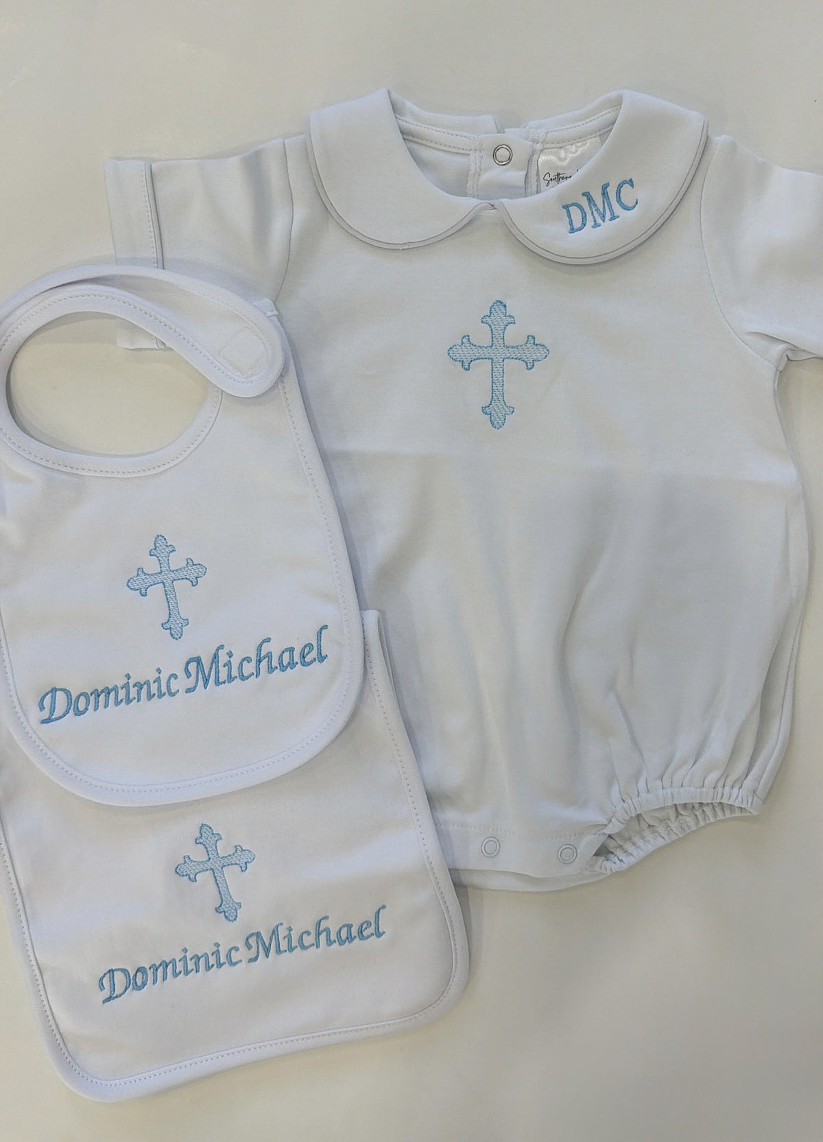 Baby baptism white bib and burp cloth set