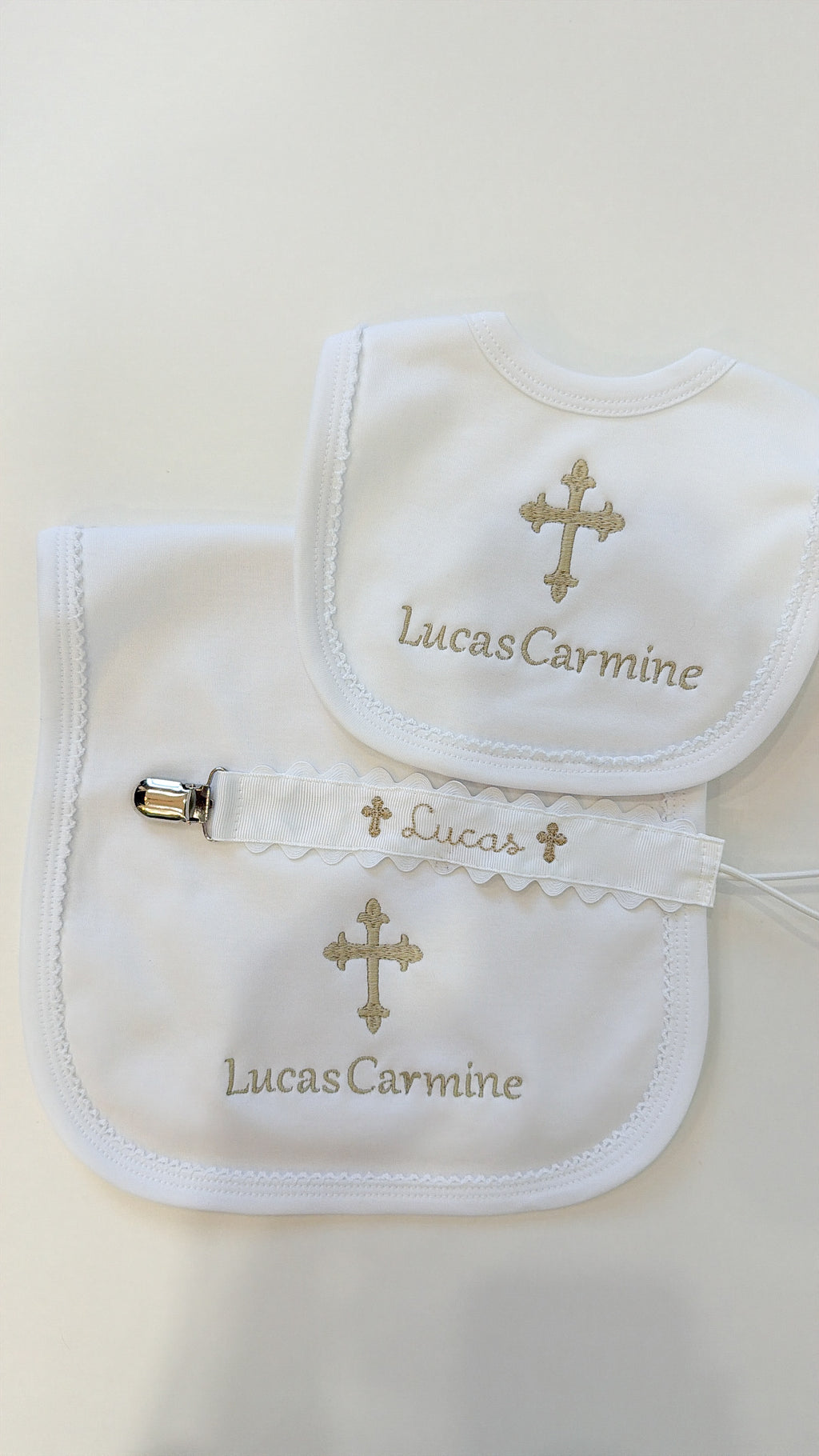 Baby baptism white with white trim bib and burp cloth set
