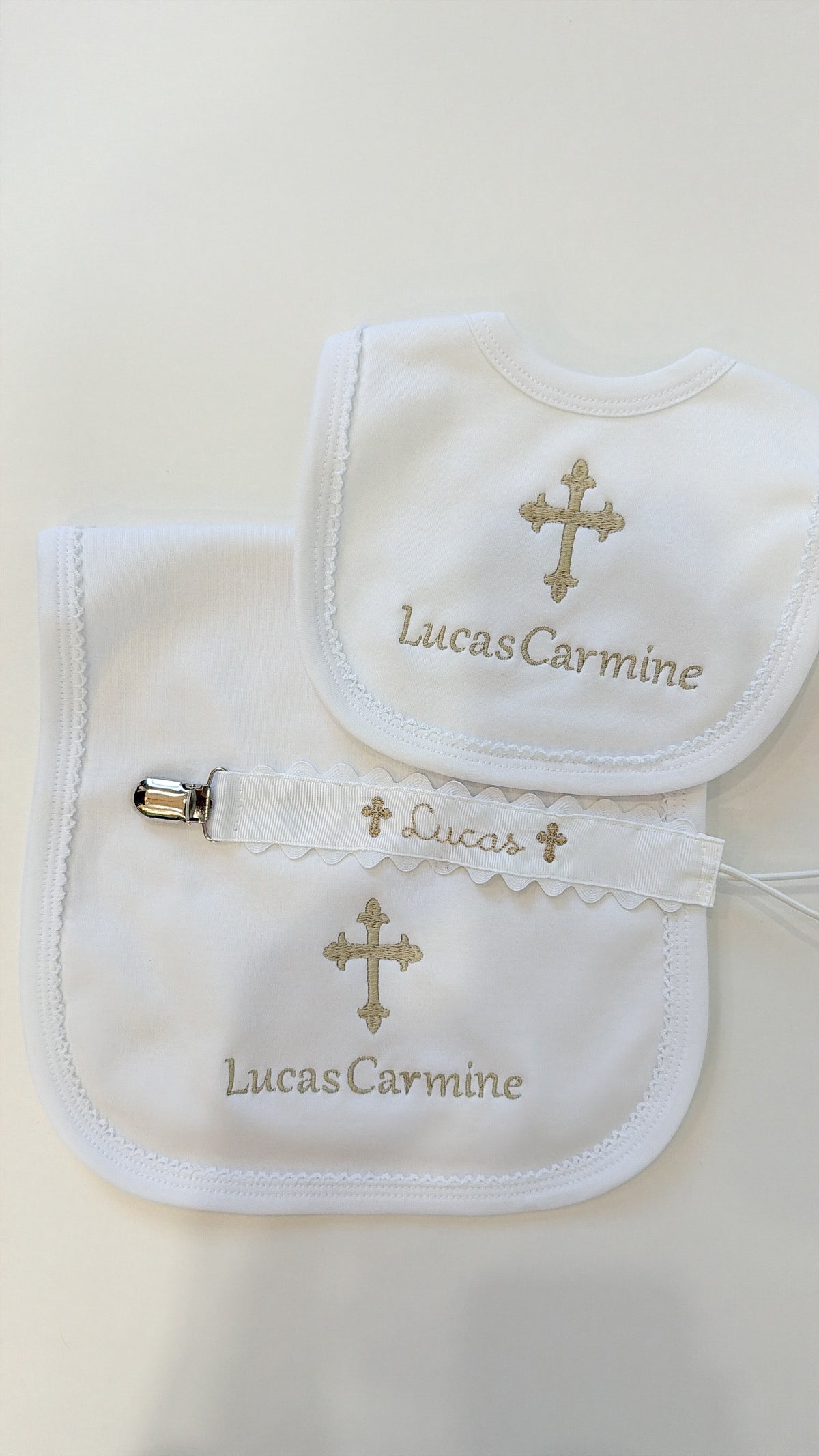Baby baptism white with white trim bib and burp cloth set