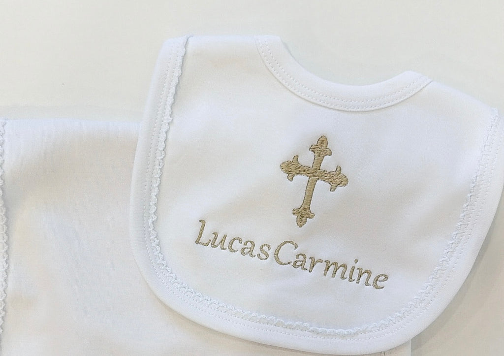 Baby baptism white with white trim bib and burp cloth set