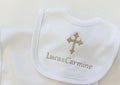 Baby baptism white with white trim bib and burp cloth set