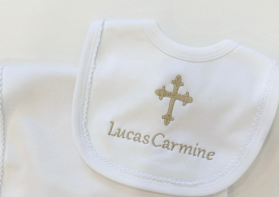 Baby baptism white with white trim bib and burp cloth set