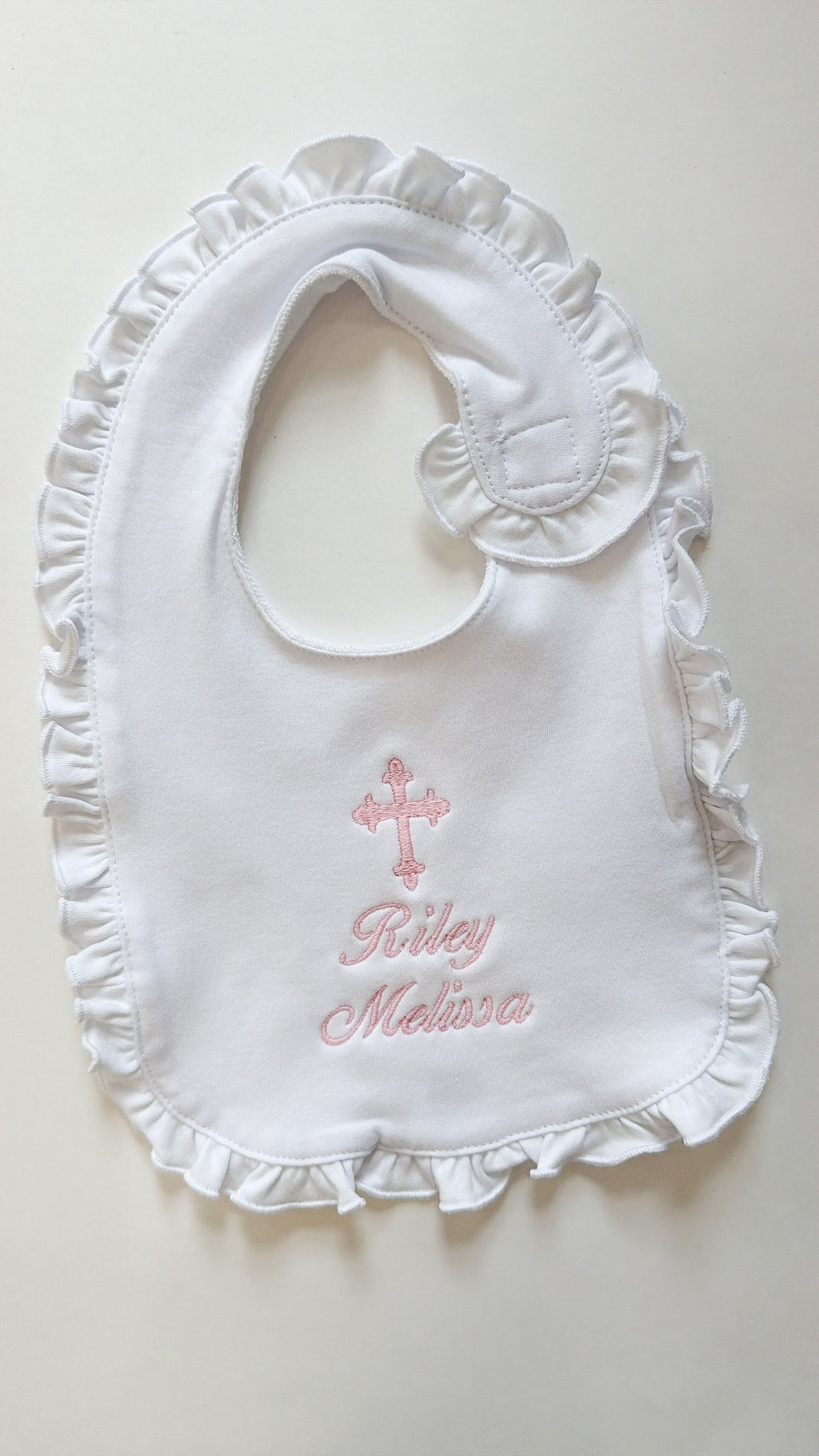 Baby white ruffle baptism bib and burp cloth set