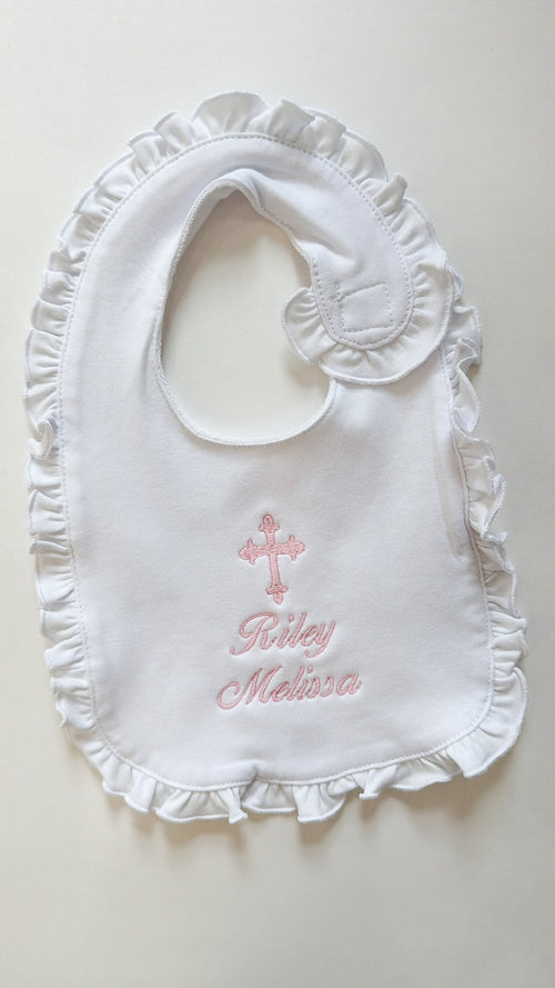 Baby white ruffle baptism bib and burp cloth set