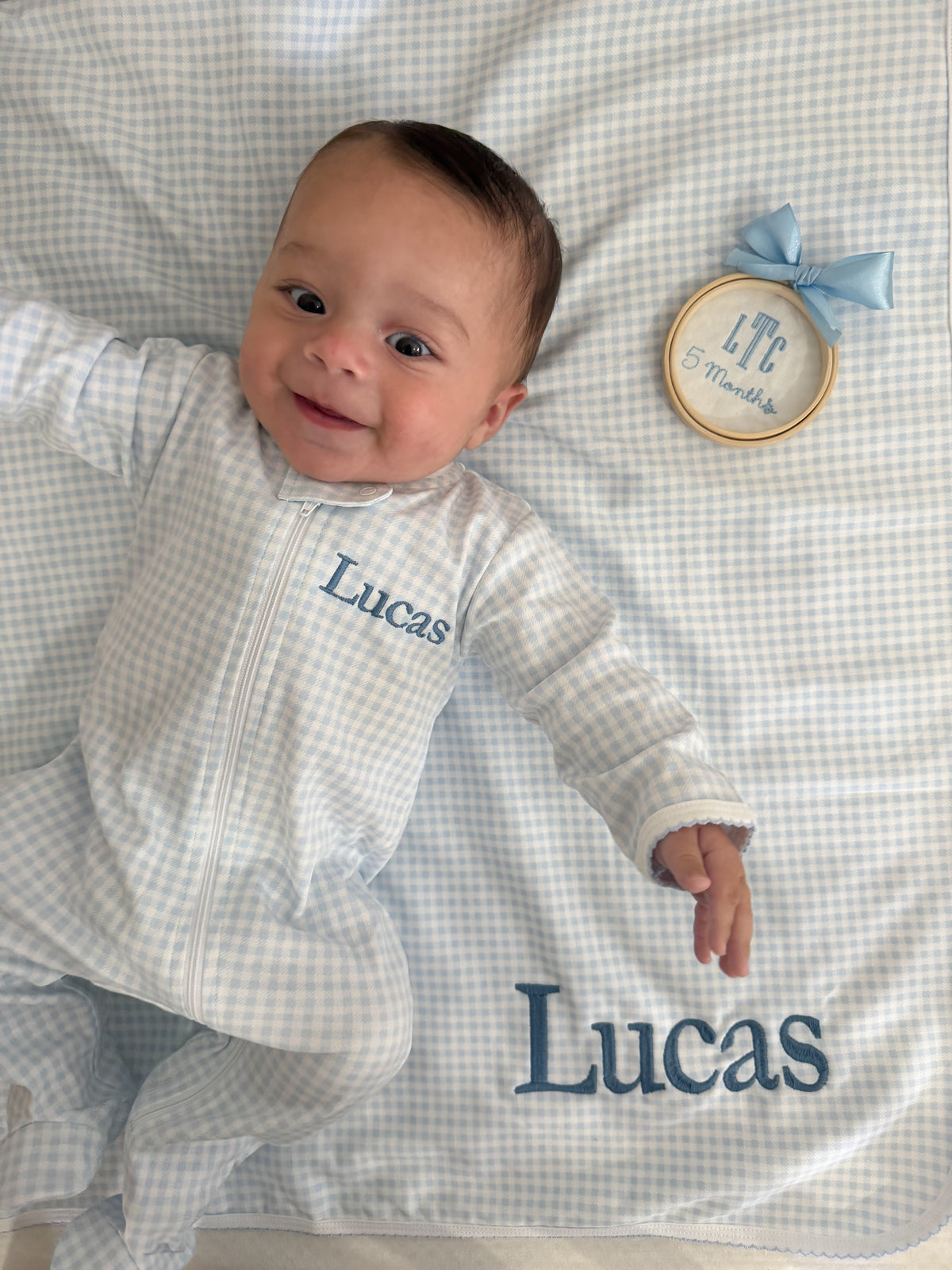 Blue gingham onesie