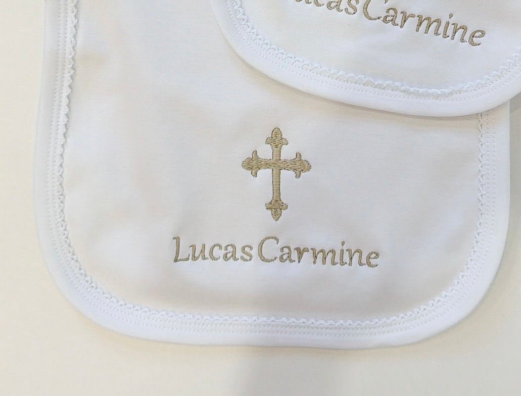 Baby baptism white with white trim bib and burp cloth set