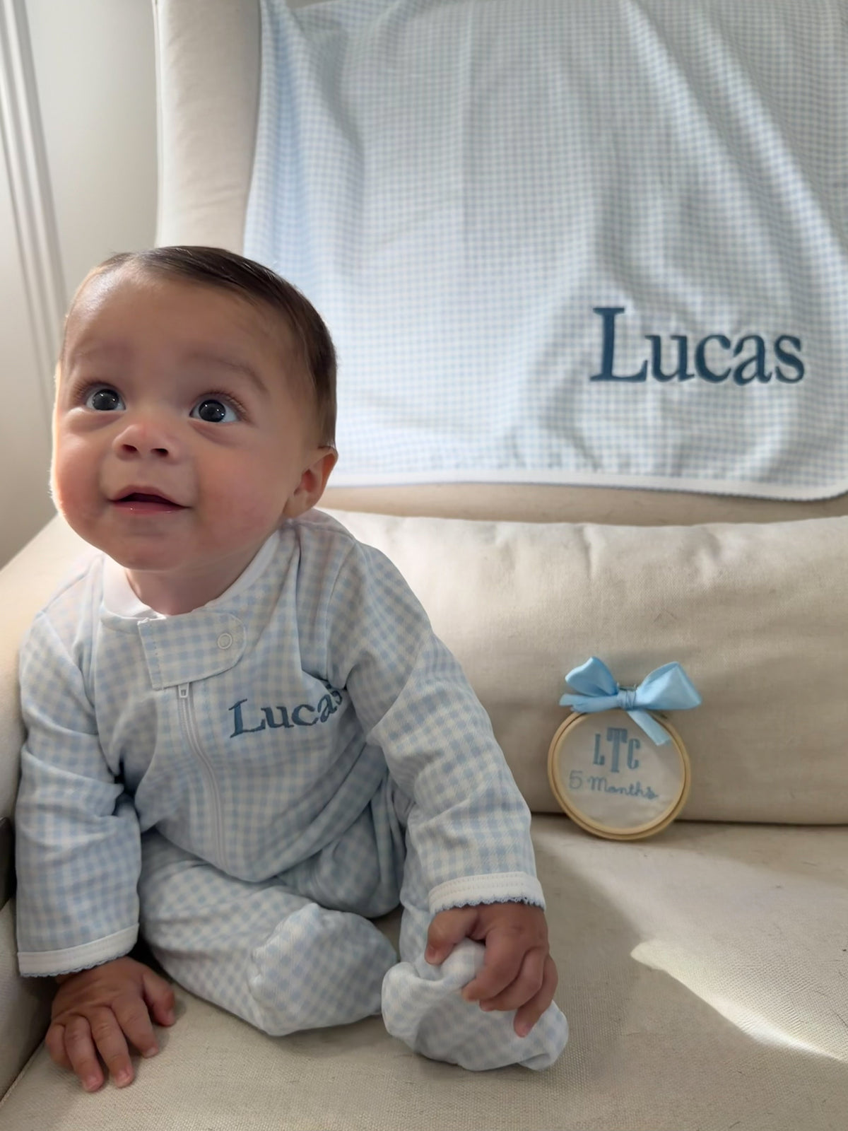 Blue gingham onesie