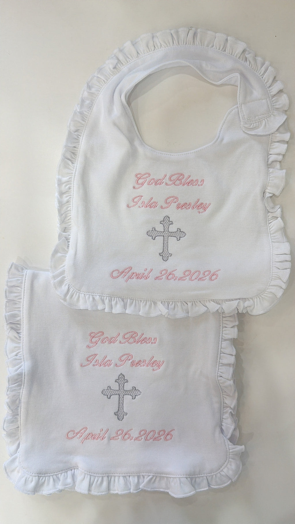 Baby white ruffle baptism bib and burp cloth set