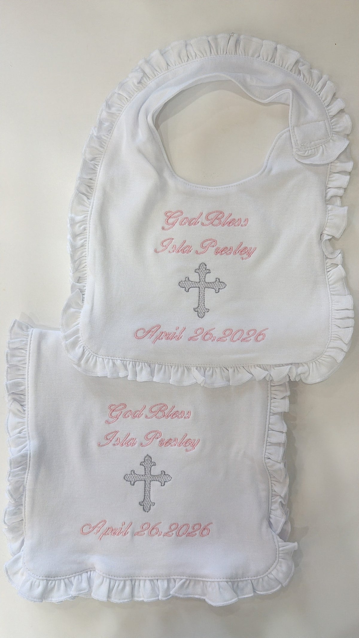 Baby white ruffle baptism bib and burp cloth set