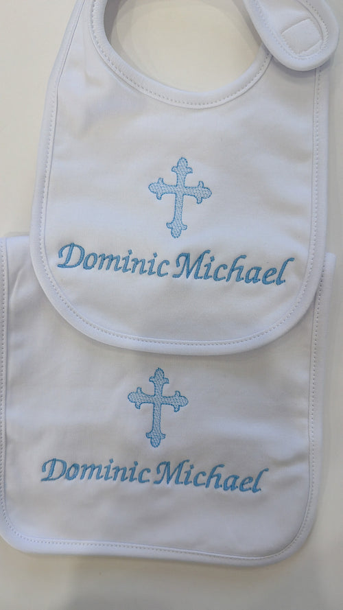 Baby baptism white bib and burp cloth set