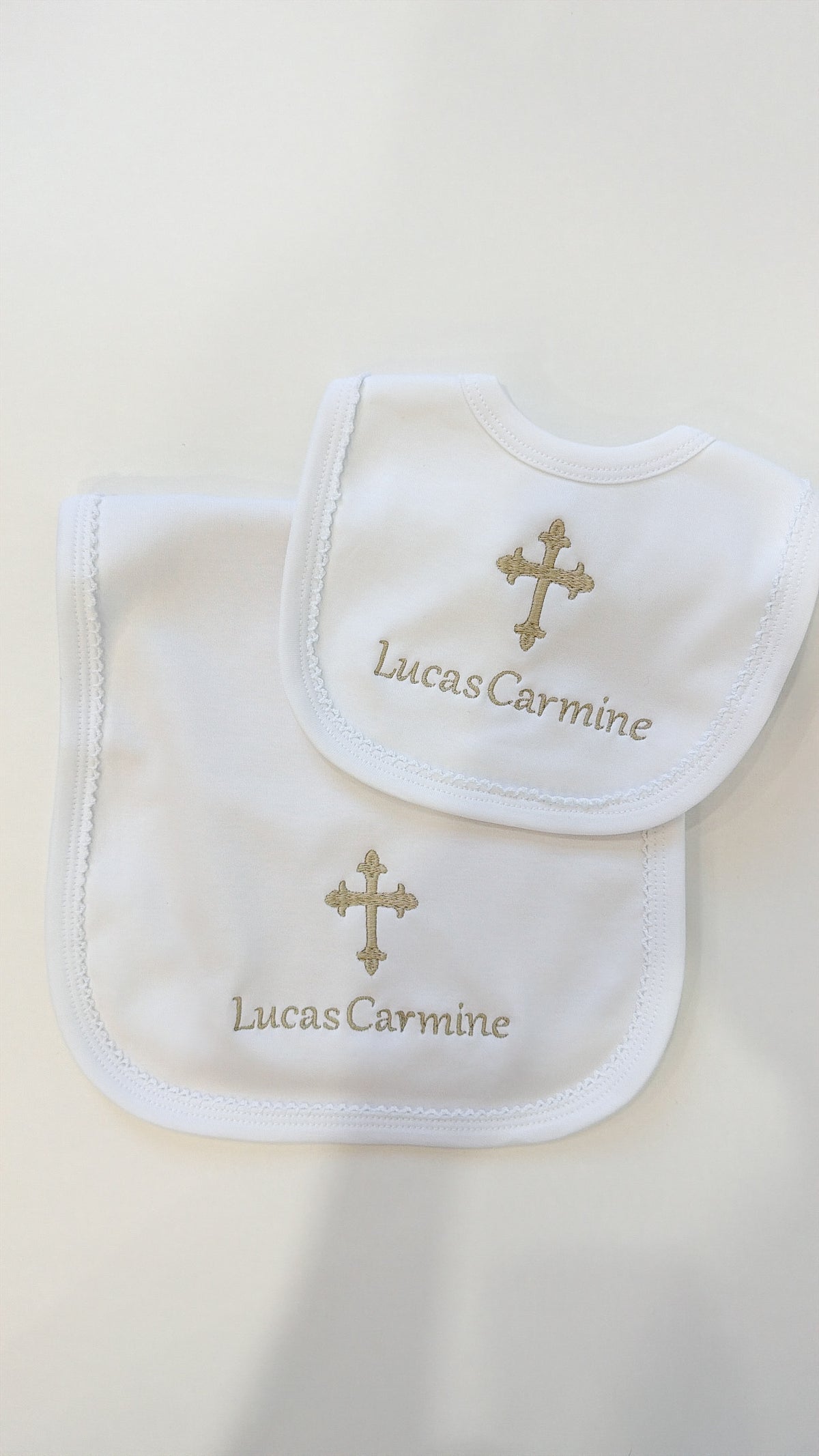 Baby baptism white with white trim bib and burp cloth set