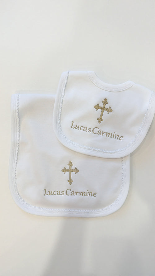 Baby baptism white with white trim bib and burp cloth set