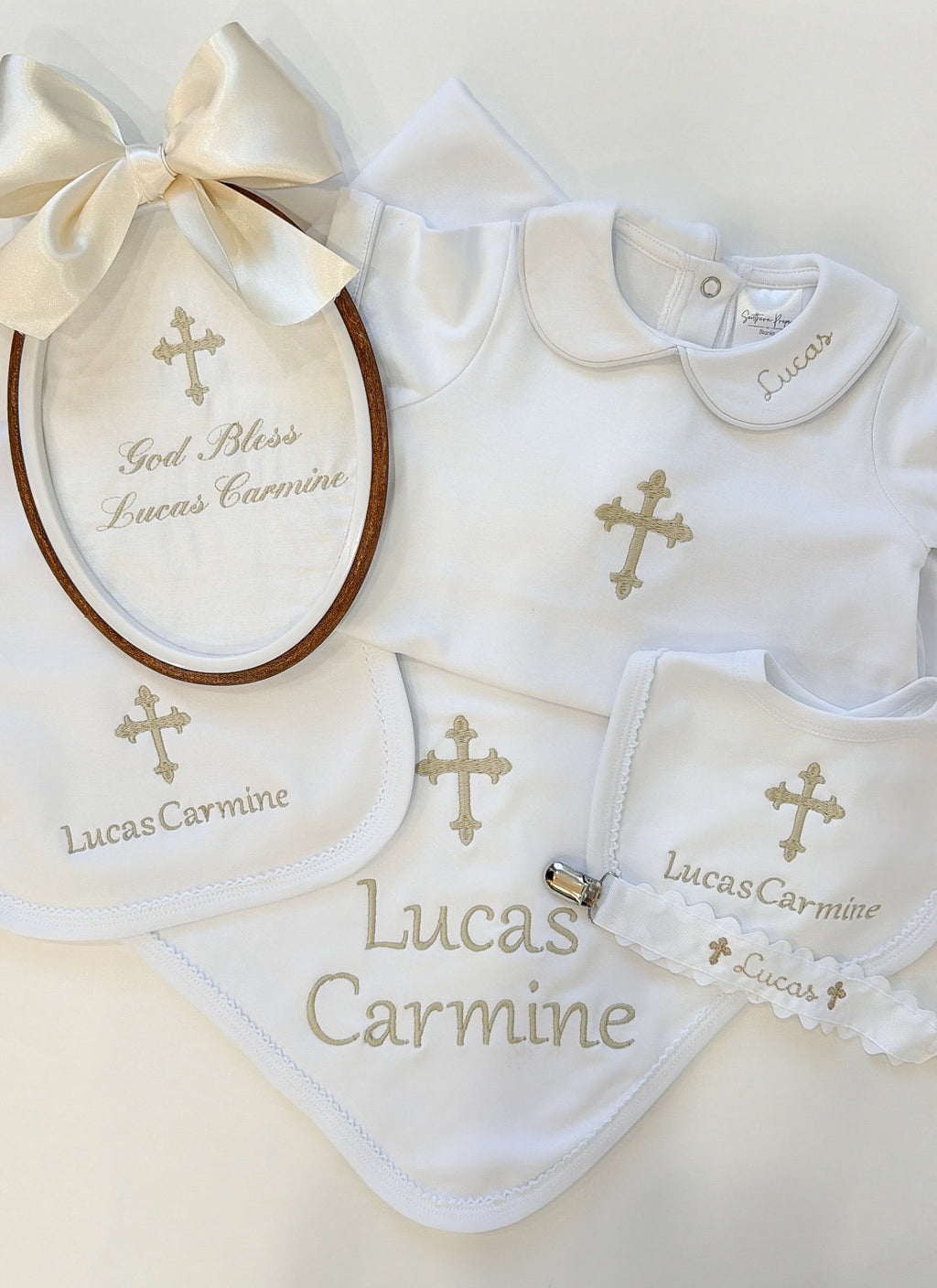 Baby baptism white with white trim bib and burp cloth set