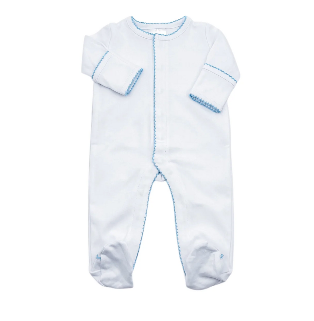White oneise with blue picot trim