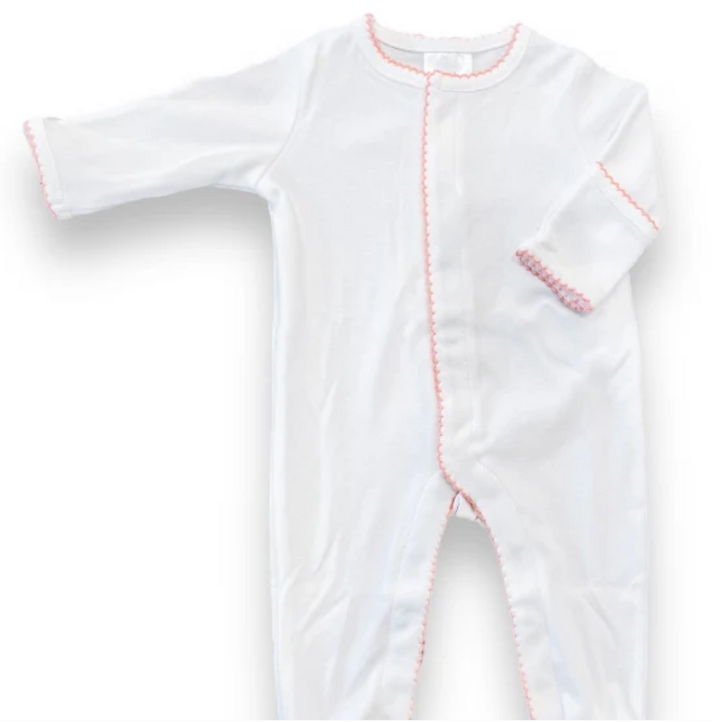 White onesie with pink picot trim