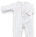 White onesie with pink picot trim