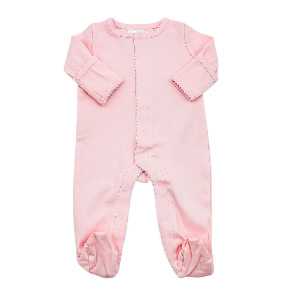 Pink onesie with white picot trim