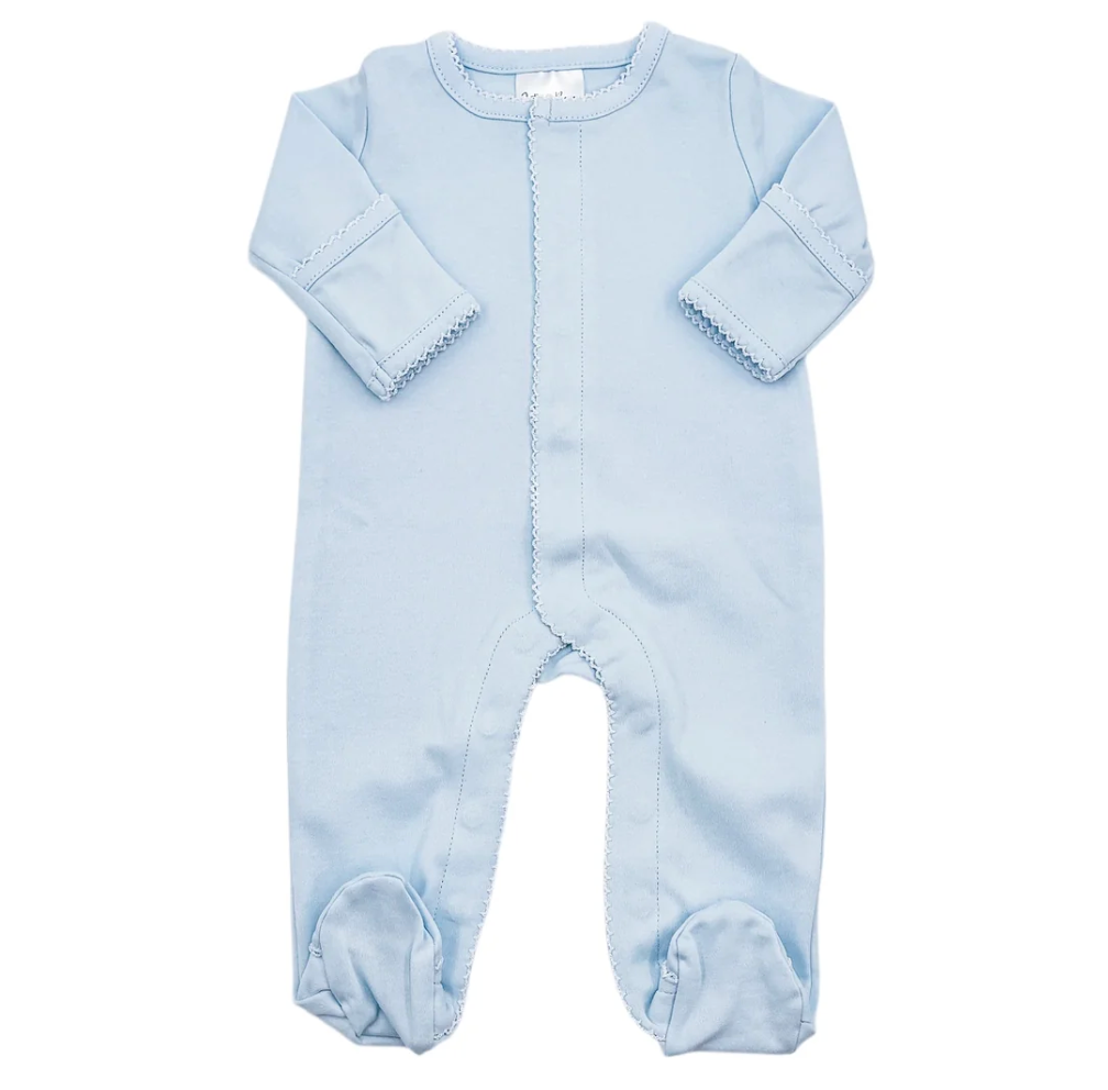 Blue oneise with white picot trim