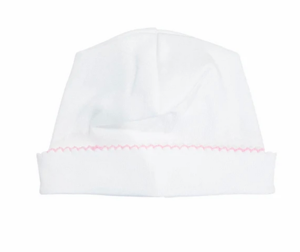 White hat with pink picot trim