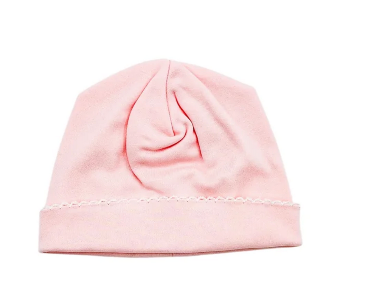 Pink hat with white picot trim