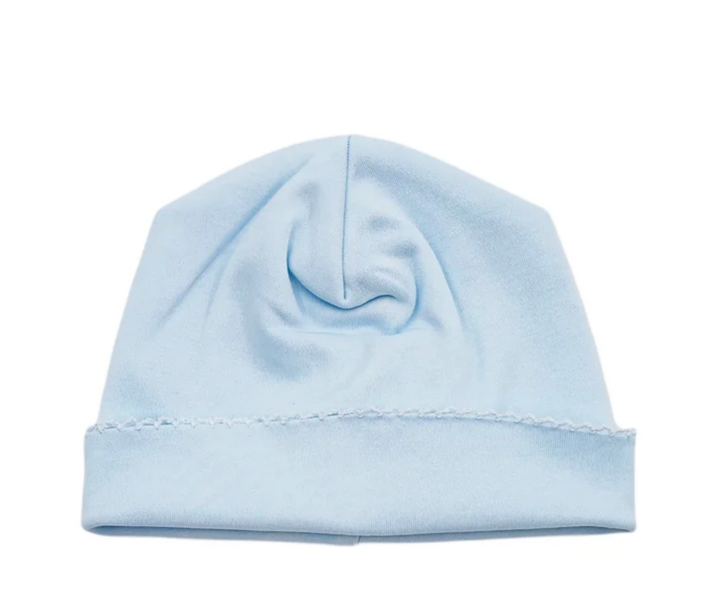 Blue hat with white picot trim