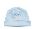 Blue hat with white picot trim