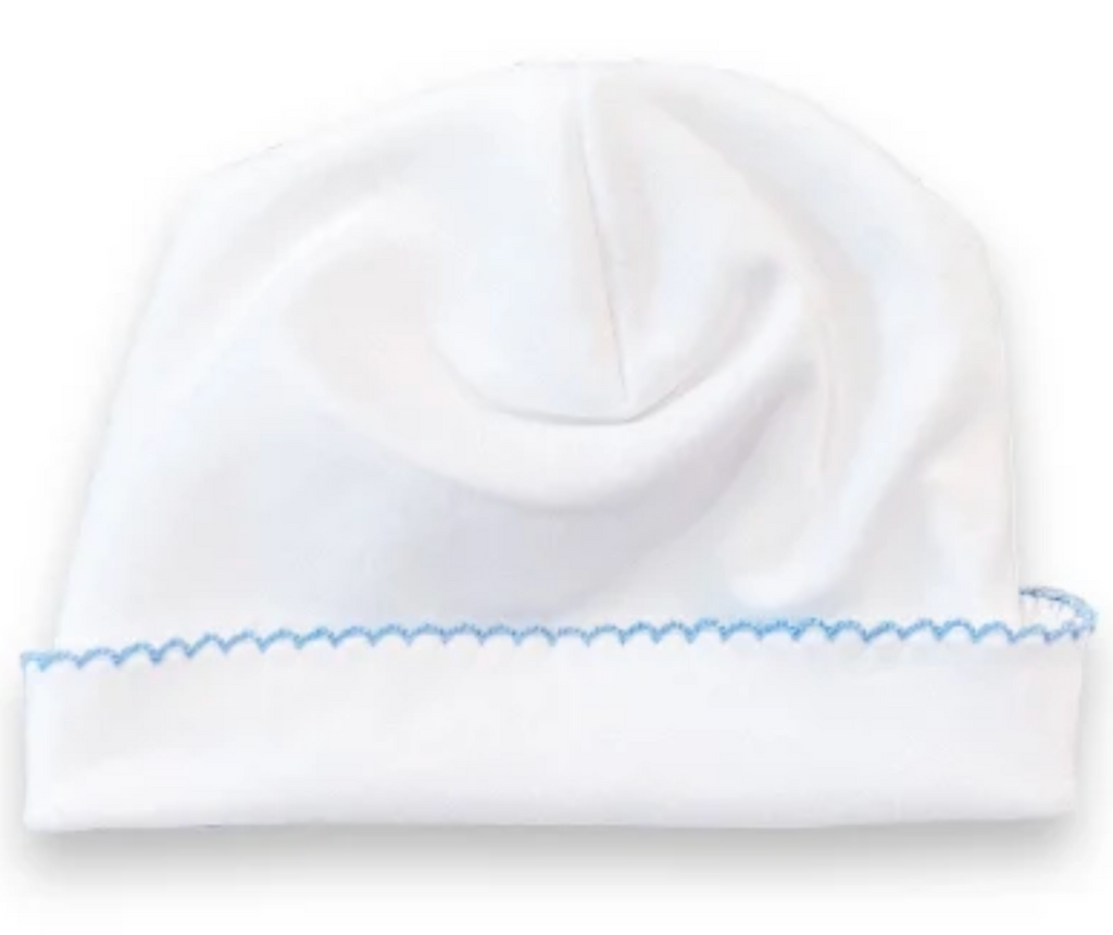 White hat with blue picot trim