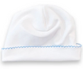 White hat with blue picot trim
